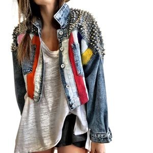 Wren and Glory hand painted studded cropped denim jacket